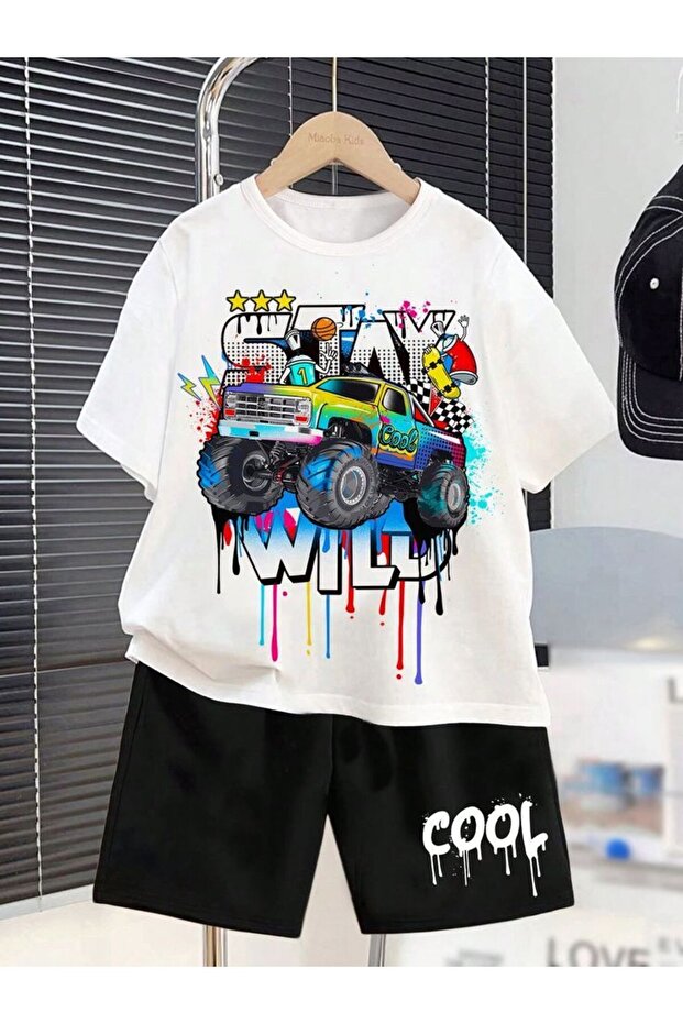 Summer Stay Wild Cool Car Printed Boys' Black Shorts and White T-Shirt Set