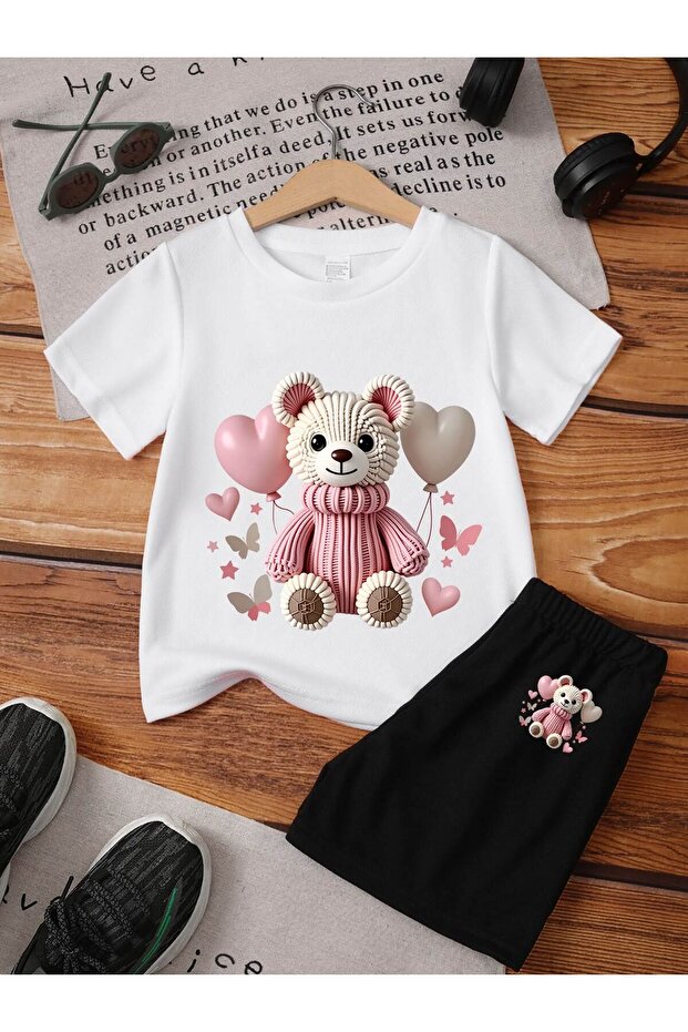 Summer Balloon Teddy Bear Printed Boys and Girls Black Shorts, White T-Shirt Set