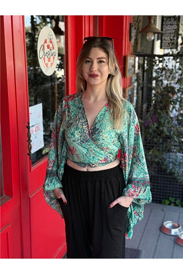 Turquoise Color Spanish Sleeve Floral Patterned Silk Blouse