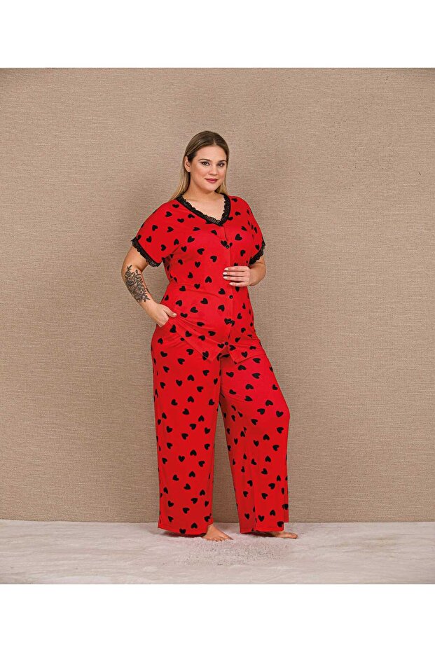 New Season Women's Red Patterned Special Design Short Sleeve Summer Large Size (Oversize) Pajama Set