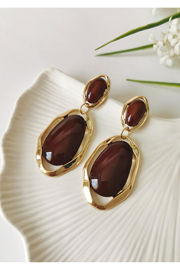 أقراط Eclipse Oval المتدلية باللون البني - 1