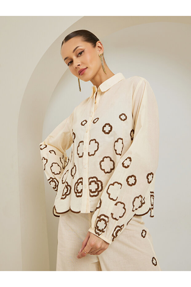 Women white Embroidered Long Sleeve Shirt