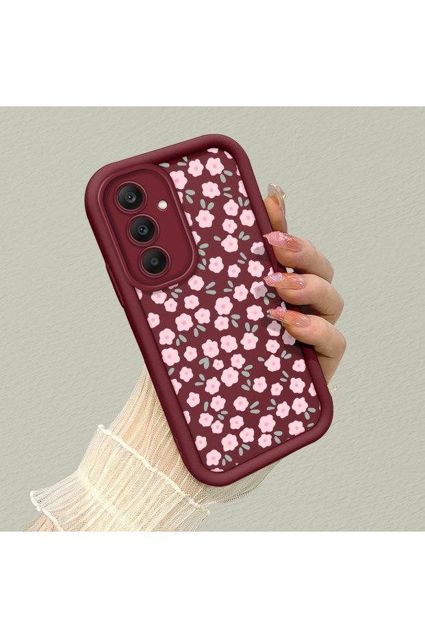 Samsung Galaxy S25 Compatible Cute Floral Pattern Burgundy Phone Case - Aesthetic and Protective