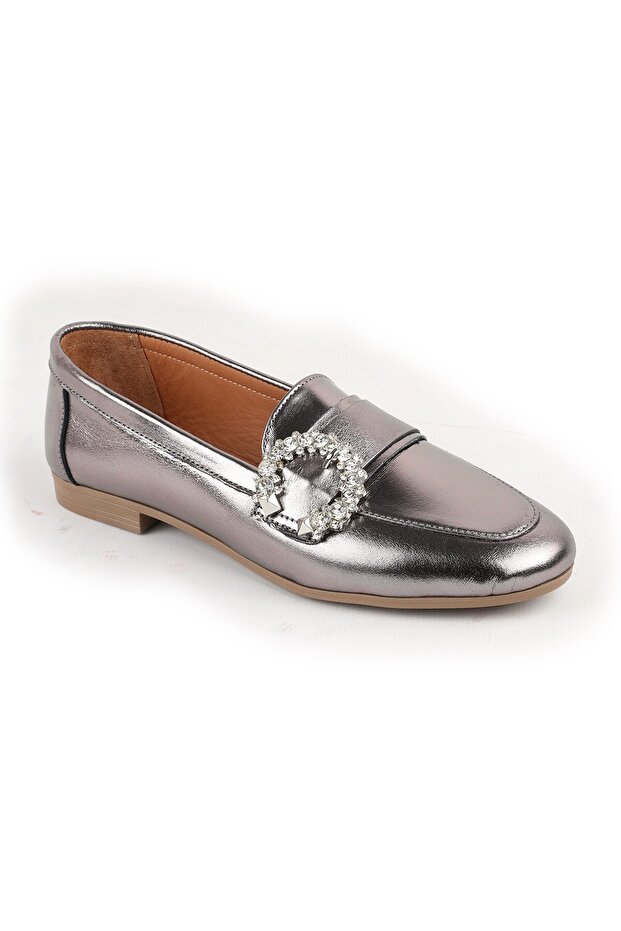 L081.24214 Metallic Genuine Leather Stone Buckle Flexible Thermo Sole Women's Loafer