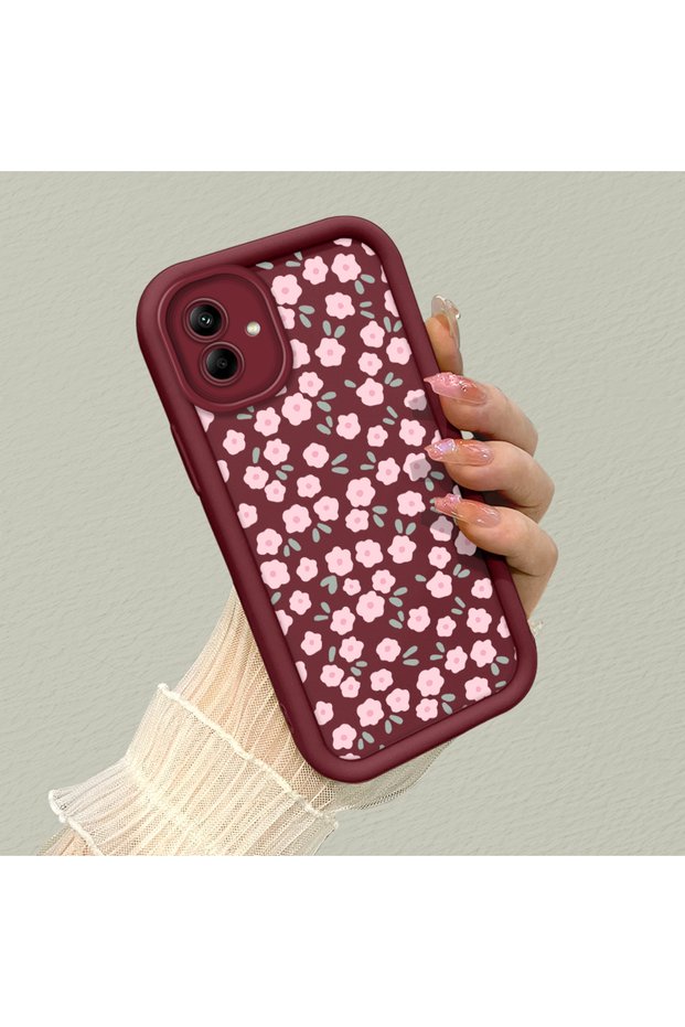 Samsung Galaxy A04 Compatible Cute Floral Patterned Claret Red Phone Case - Aesthetic and Protective