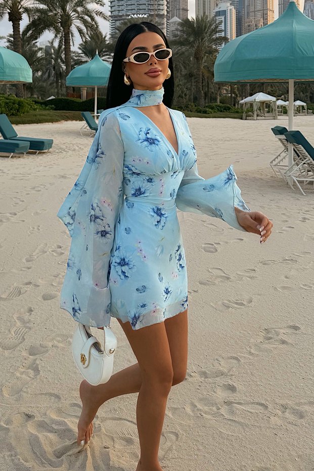 Blue Palomia Floral Print Tie-Detail V-Neck Mini Summer Dress ATE-4829