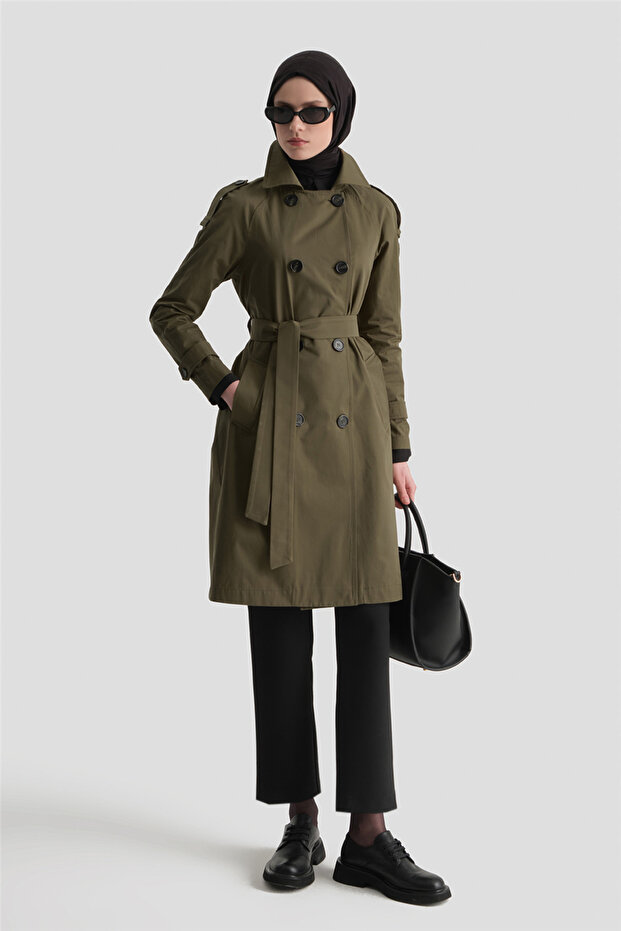 Düğmeli Basic Trençkot Haki - 1