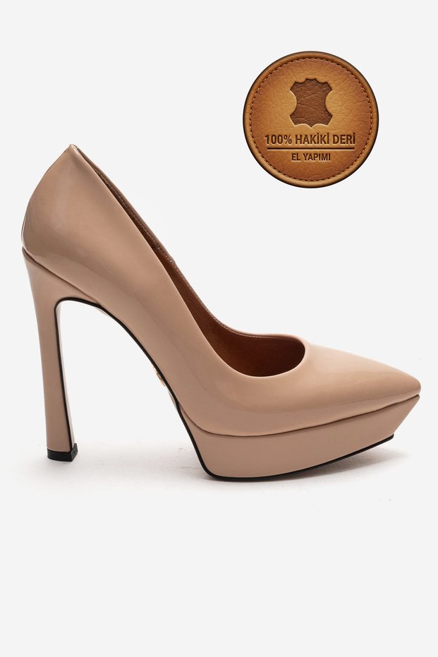 Genuine Leather Women's Nude Patent Leather Platform Heeled Shoes Pointed Toe Evening Dress Shoes Sienaderi