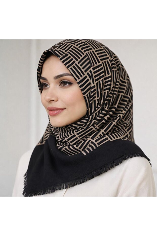 وشاح قطني مطبوع - أسود / كراميل-6290