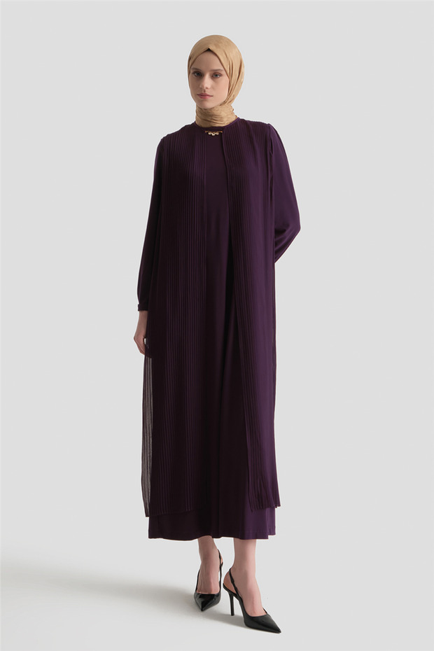 Pliseli Şık Elbise Mürdüm - 3