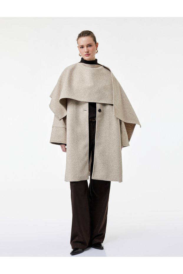 Oversized Coat with Scarf, Long Sleeves, Buttons and Pockets