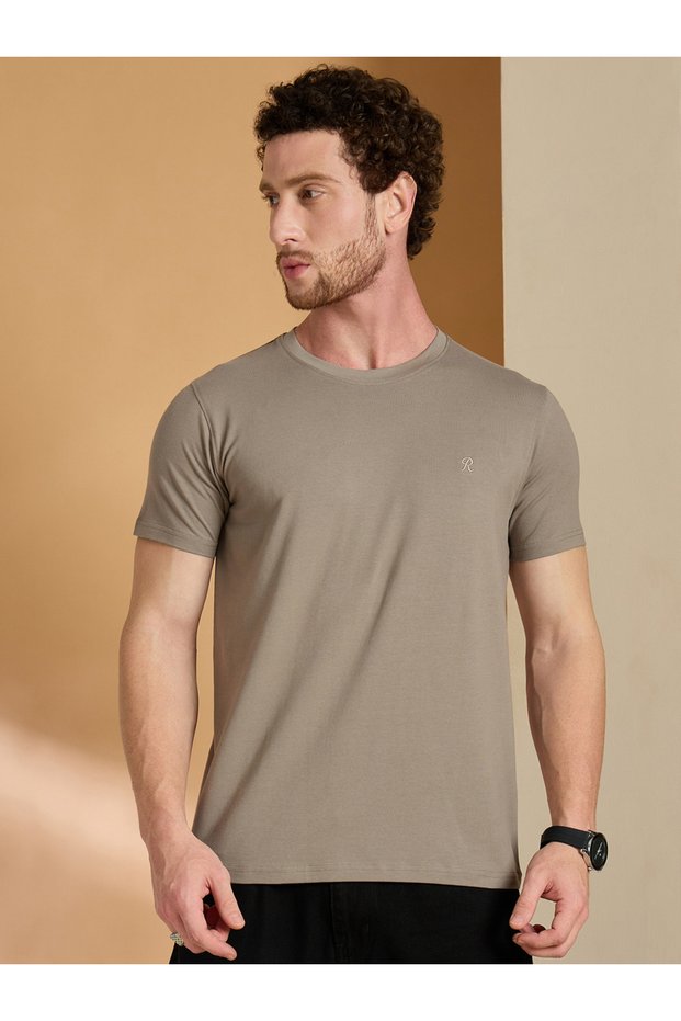 Brown Cotton Blend Round Neck T-Shirt
