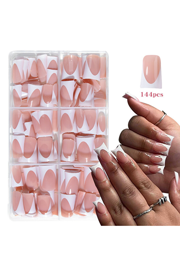 six 25 144pcs Duck Nails Simple and classic Elegance White French,Detachable reusable press on acryl