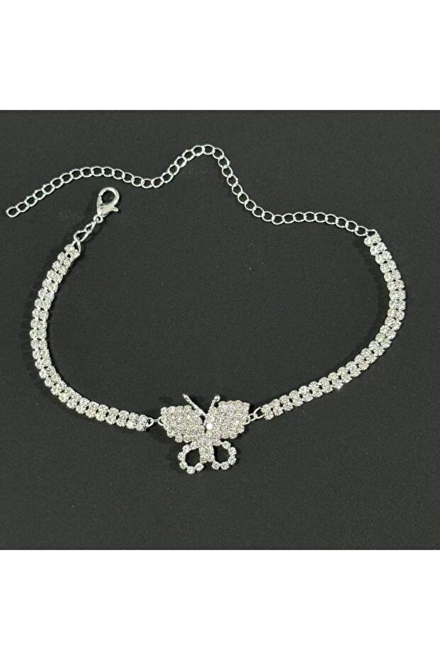 Silver Plated Women's butterfly shaped ankle crystal cubic zirconia chain leg on summer beach ankle