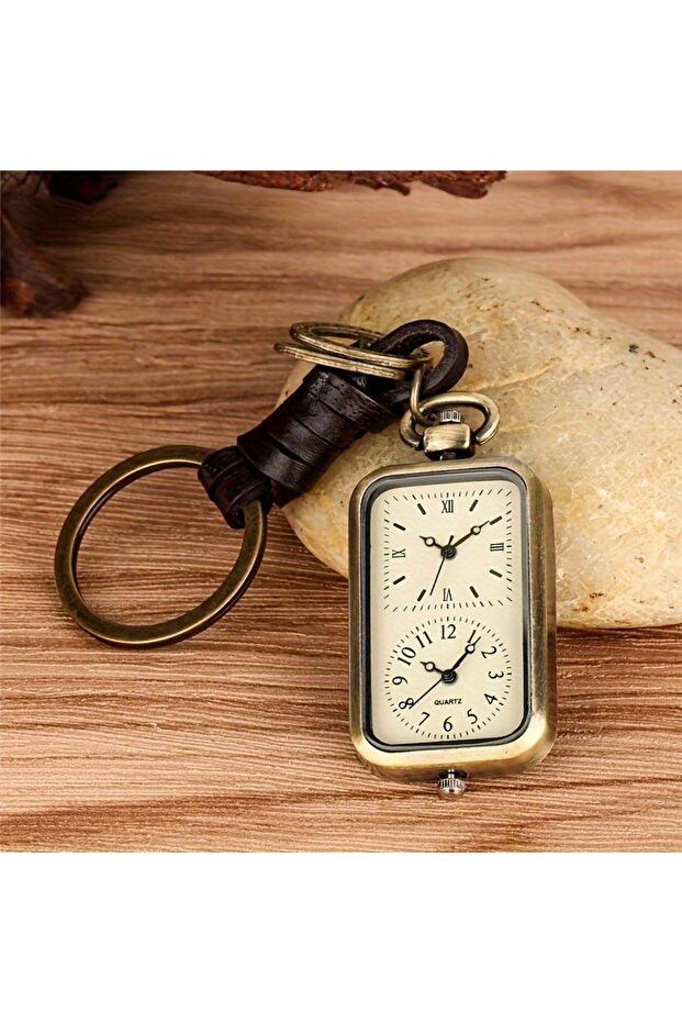 Brown Bronze keychain pocket watch square retro double time movement quartz watch without cover anti