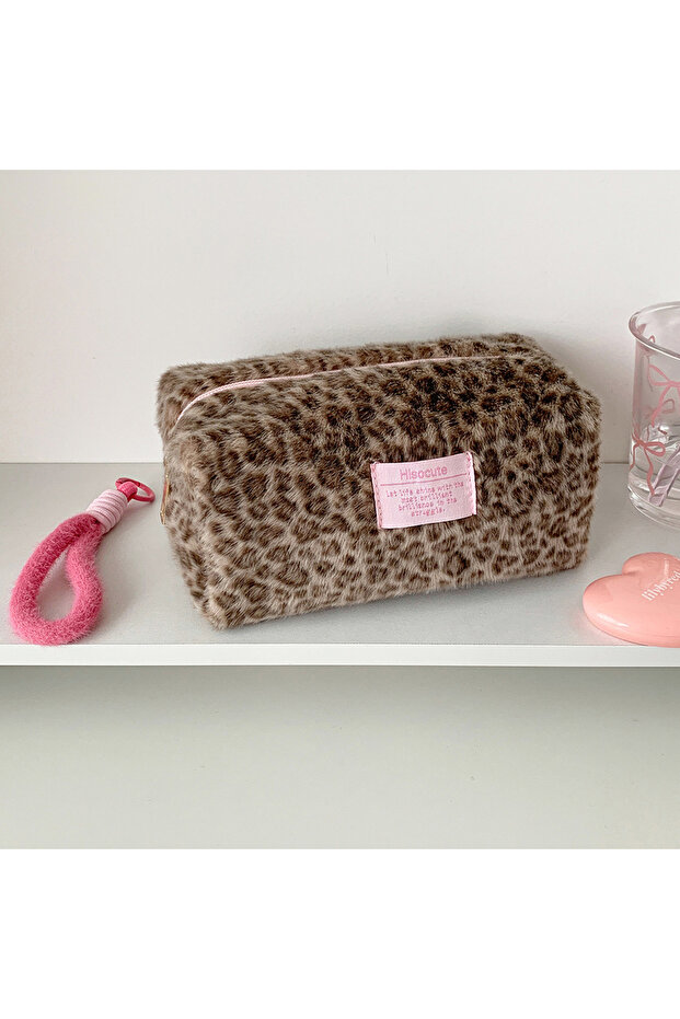brown INS Fashion Korean Winter Plush Leopard Pattern Handheld MakeupBag Portable Lipstick Storage B
