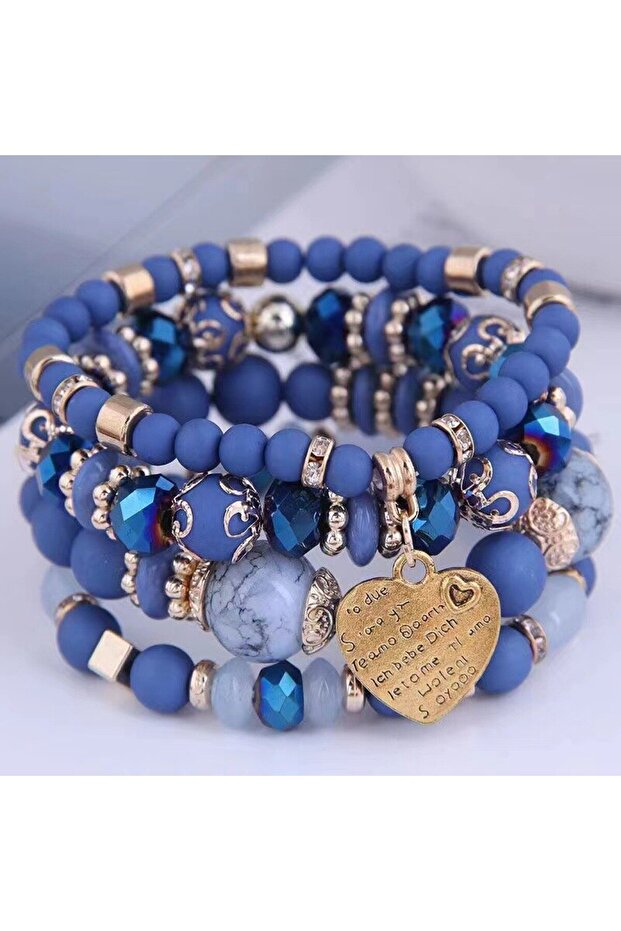 blue 4pcs/set Boho Strand Bracelets For Women Crystal Beads Bracelets Heart Letter Elastic Bangles W