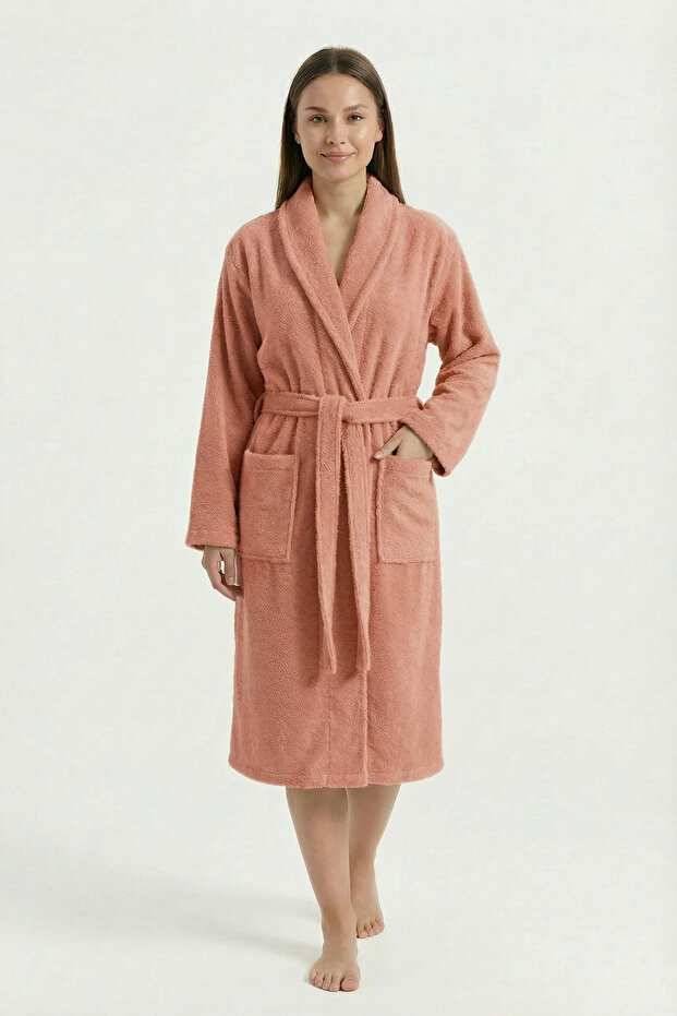 Comfortable Fit Shawl Collar Women's Bathrobe - 100% Cotton, Long Length, High Grammage - Apricot Color