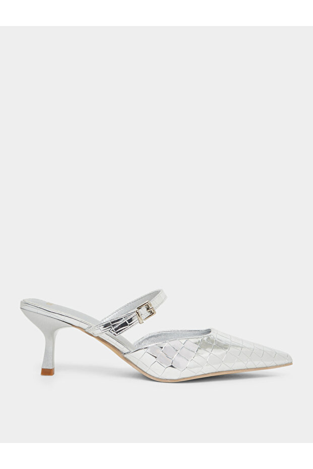 Silver Embossed Pointed Toe Mules - 1