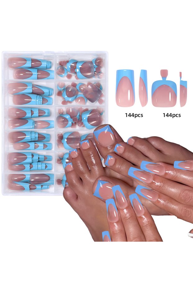 03 144pcs French hand and foot wear nail set summer short square shiny false toenail acrylic full co