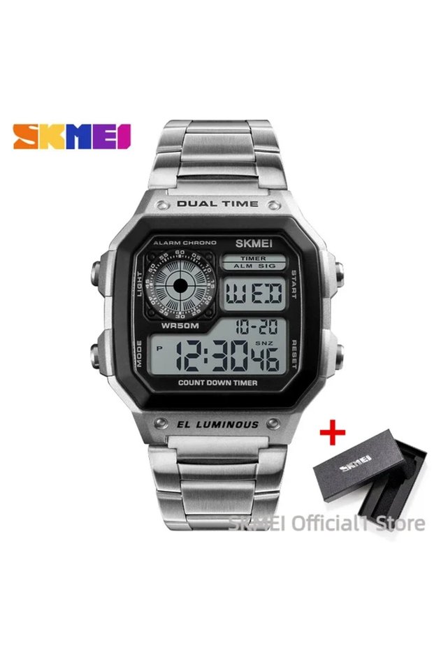 Skmei Silver with box 1335 Digital Watch for Men Retro Sports Waterproof Chrono Electronic Mens Wri