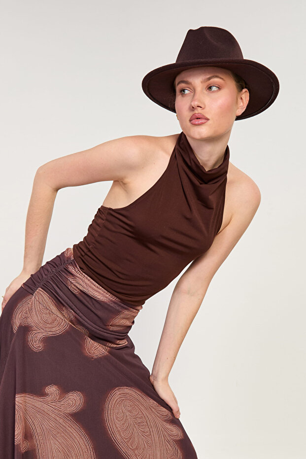 Women's asymmetric cut halter neck bodysuit - coffee