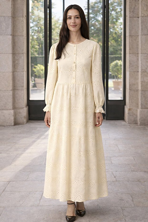 Fisto Button Detailed Dress A1431 Cream