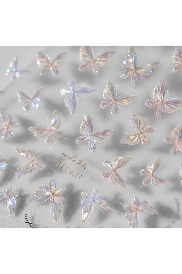 NAILFYOU 1PCs MS483 1pcs Pink Shining Aurora Shell Butterfly Nail Stickers 5D Adhesive Nail Art Desi