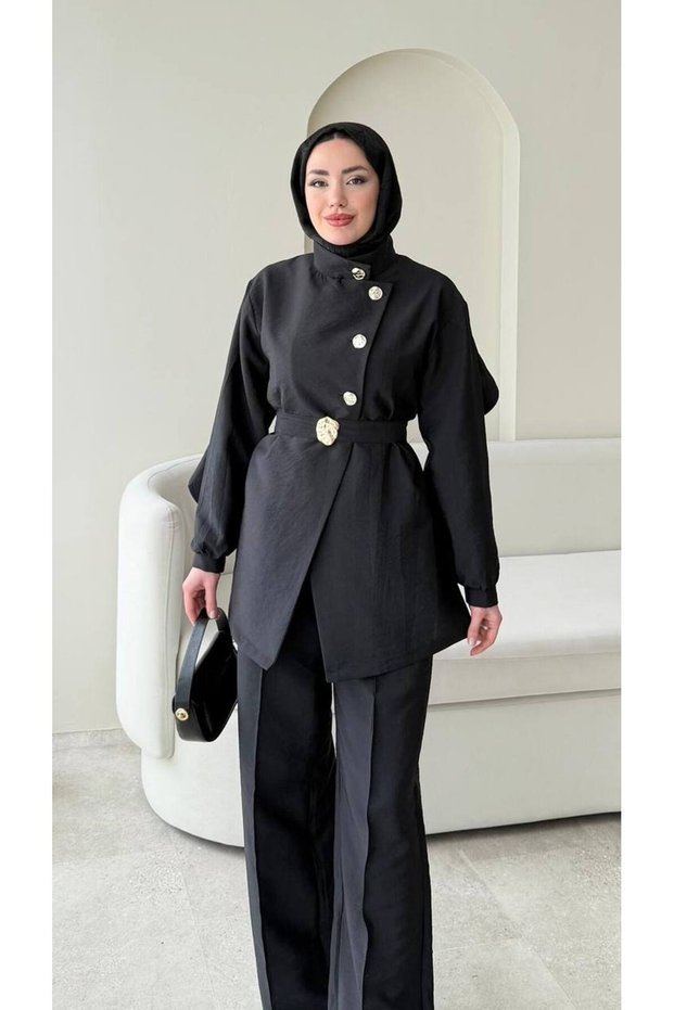 Women's Stylish Belted Tunic Trouser Set with Shawl Detail on the Back