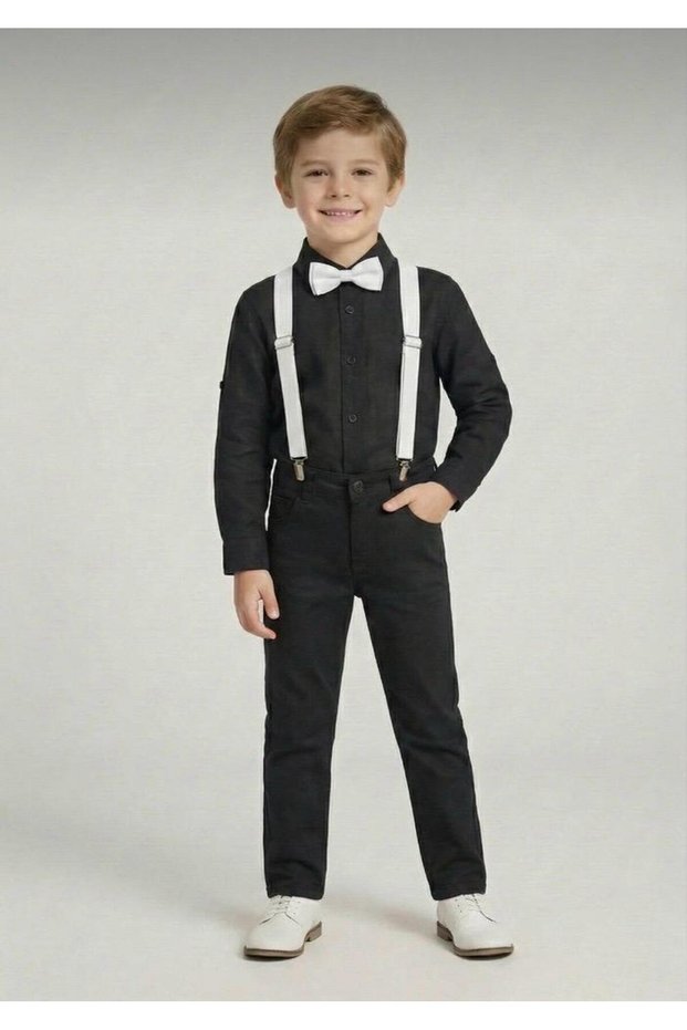 Boys' April 23 October 29 Black Long Sleeve Shirt Black Pants White Suspender Bow Tie Suit
