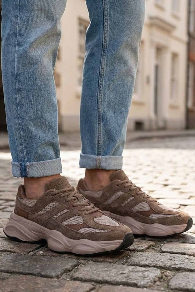 Men's Brown Chunky Sneaker - Casual Shoes with Suede Detail and Thick Sole