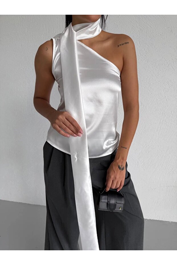 Women's White Satin Shawl Collar Neck Tie Asymmetrical Blouse Hzl26W-Fry123731