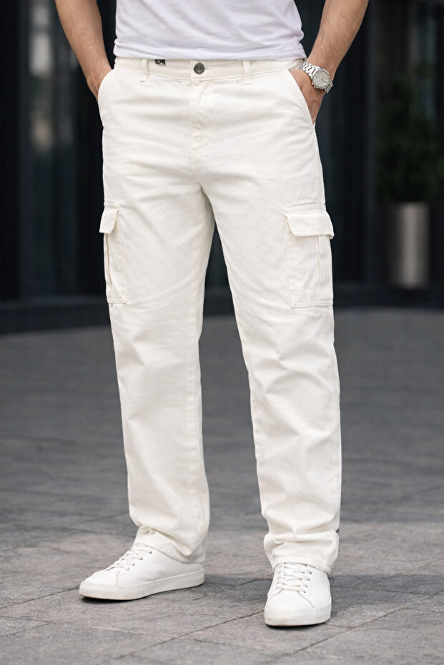 Men's Trendy Loose-Fit Casual Cargo White Baggy Trousers