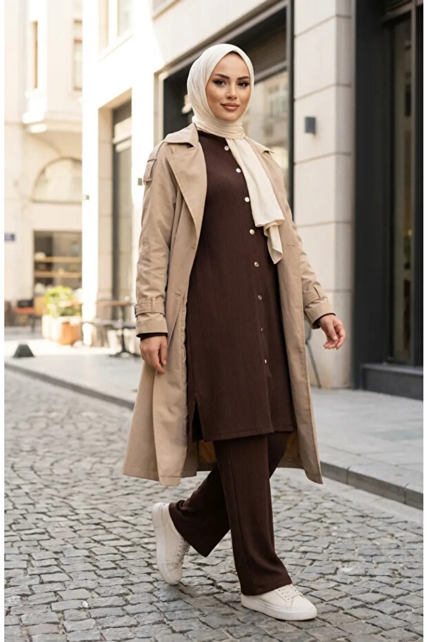 Buttoned Hijab Double Set 2232-04 Brown