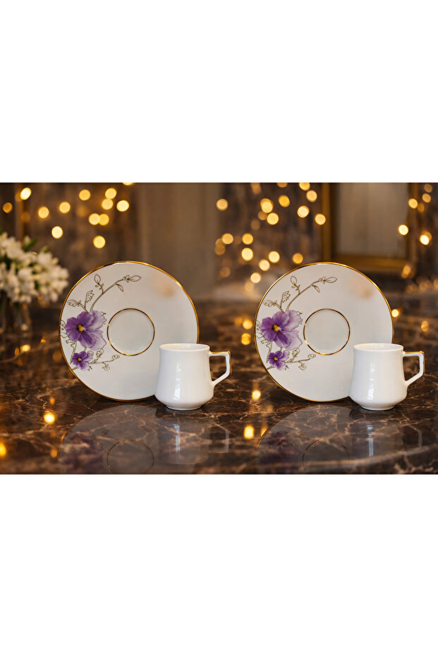 2-Person Double Porcelain Coffee Cup Set Evaliza Bouquet Purple Flower Pattern