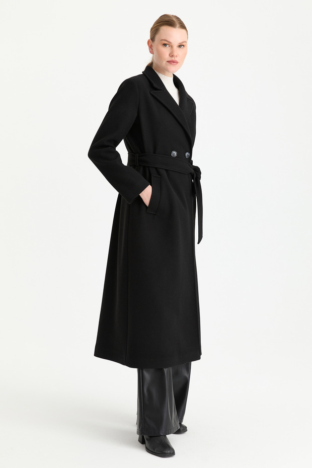 Çift Düğmeli Manto Siyah - 2