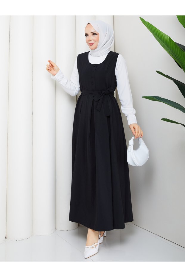 Button Detailed Pleated Jile Hijab Dress Rc6032