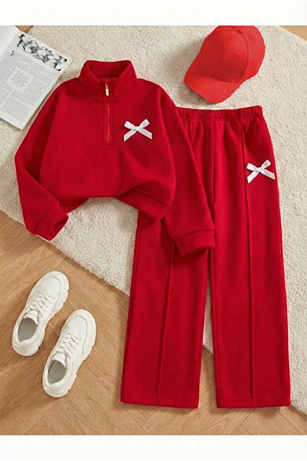 Children's New Bow Printed 100% Cotton Long Sleeve Half Zipper Sweatshirt-Sweatpants (3-12 Years)