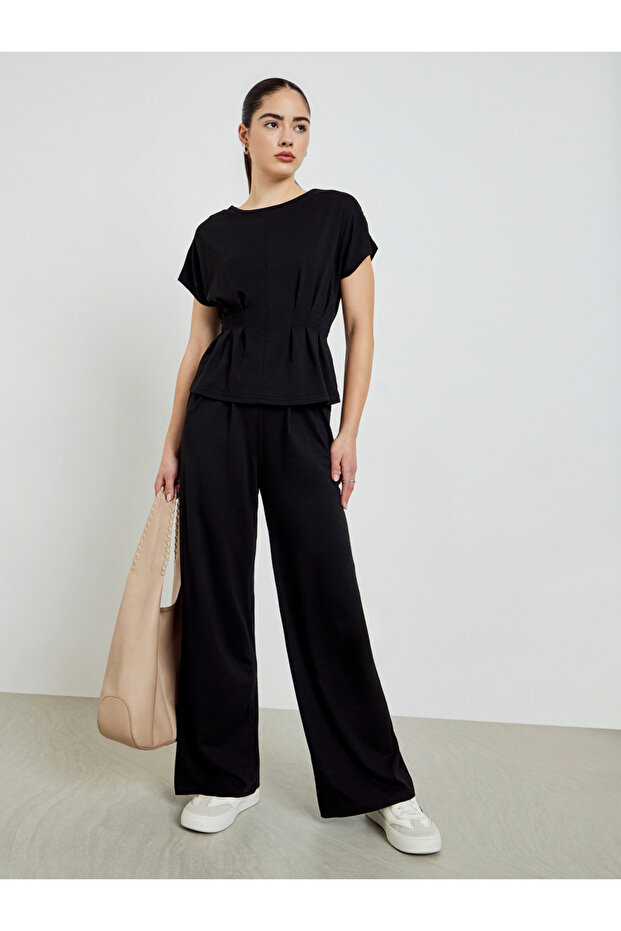Black Pleated Waist Top and Trousers Co-Ords