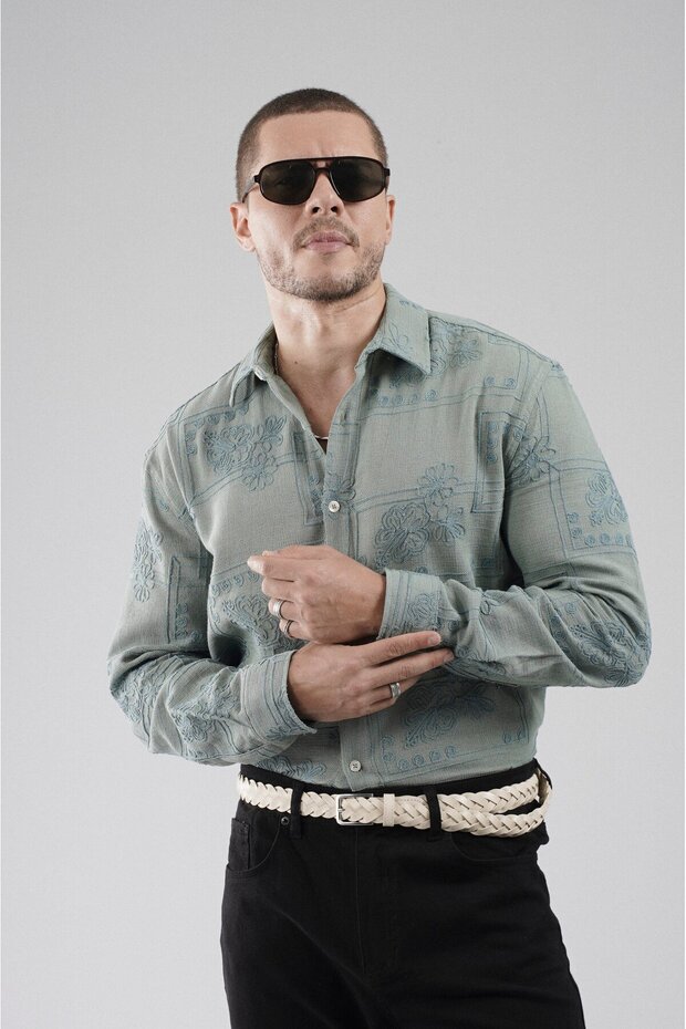 Regular Fit Embroidery Detailed Lattice Fabric Breathable 100% Cotton Men's Shirt
