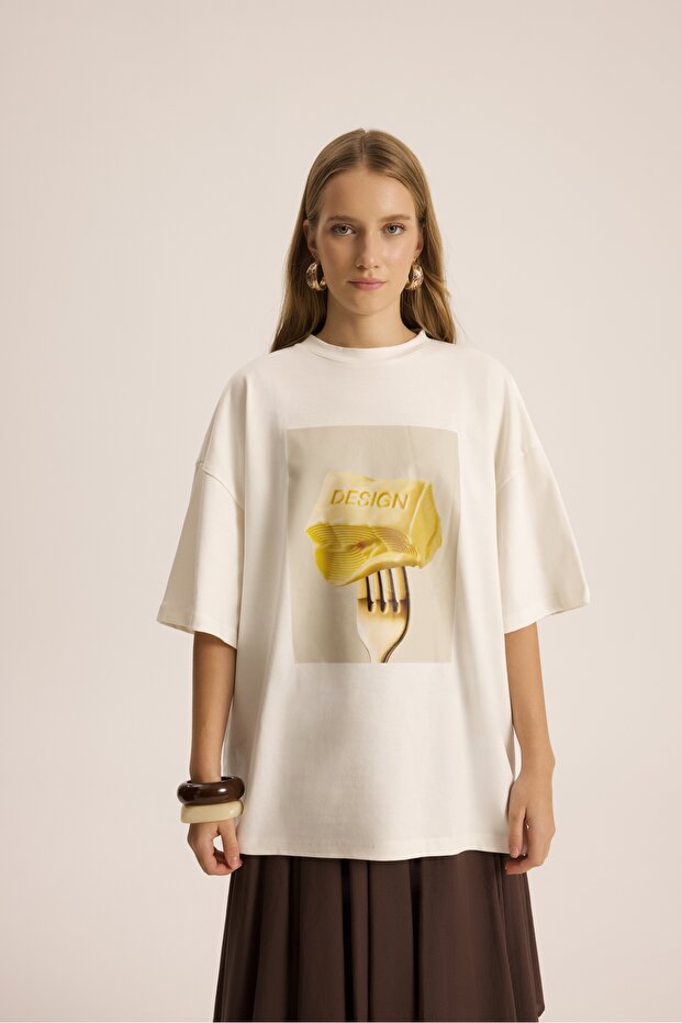 Fork Design Beyaz Oversize T-Shirt - 2