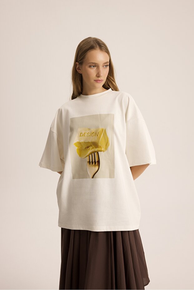 Fork Design Beyaz Oversize T-Shirt - 4