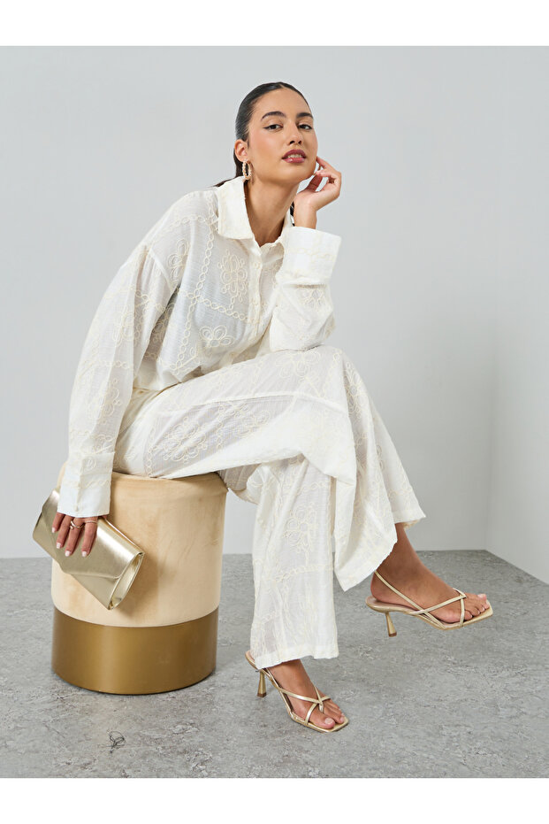 Women's All Embroidery Button Up Long Sleeve Shirt Wiht Pants Set