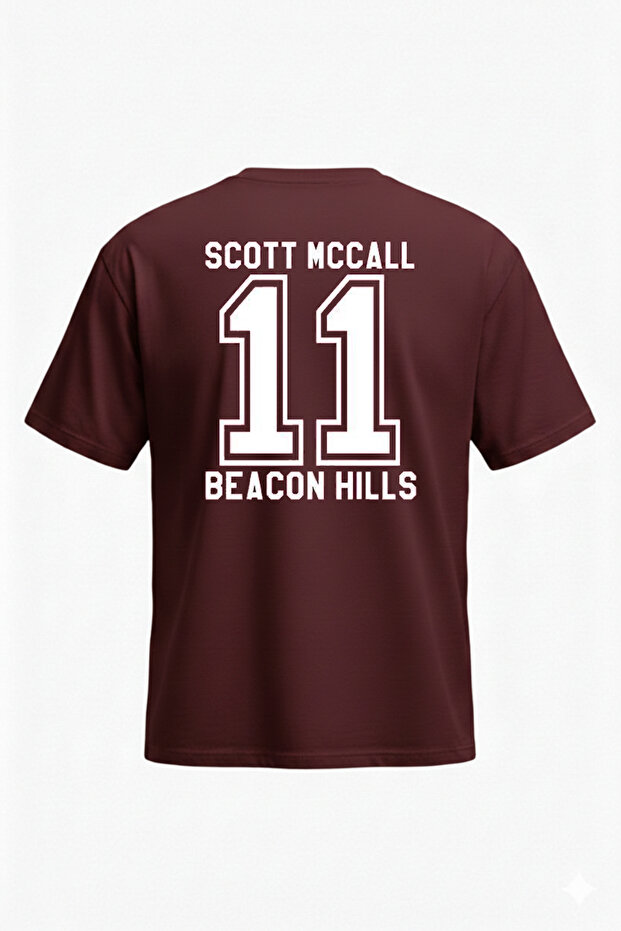 Teen Wolf Mccall T-Shirt - Burgundy Printed Oversize Crew Neck Short Sleeve Loose Fit