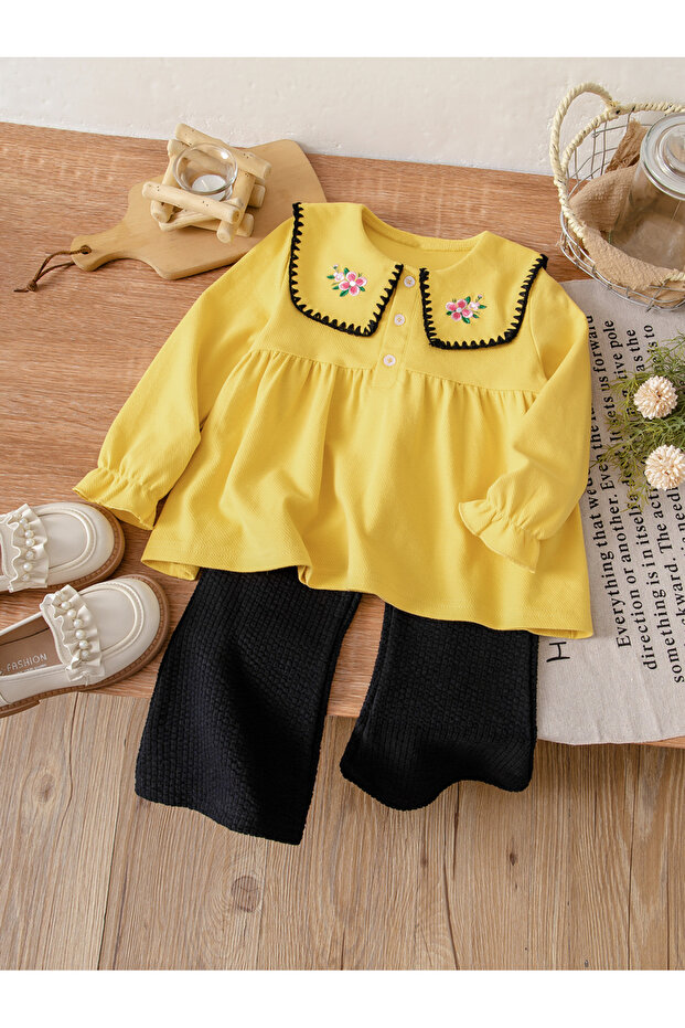 Girls Yellow Embroidered Top and Knit Pants Set