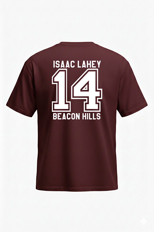 Teen Wolf Isaac T-Shirt - Burgundy Printed Oversize Crew Neck Short Sleeve Loose Fit