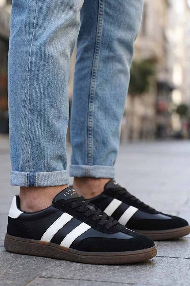 Men's Black and White Striped Retro Sneaker - Classic City Style Casual Shoes-C1