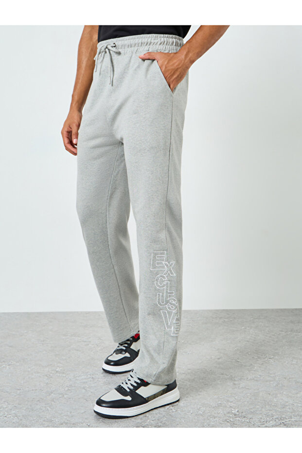 Men Grey Straight Leg Terry Tonal Embroidery Joggers