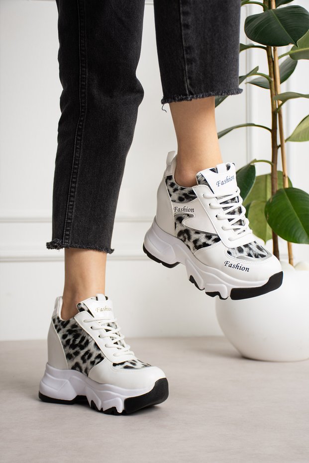 Valencia White Leopard Hidden Heel Sports Shoes
