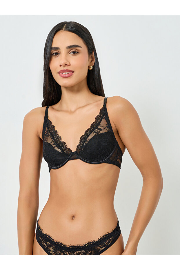 حمالة مرقَّع سوداء سادة من دانتيل بأسلاك مبطنة بسلك - 1